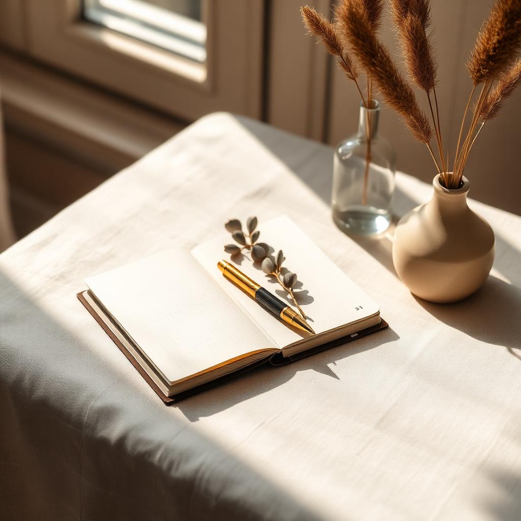 A quiet still life: linen notebook, eucalyptus, and a ceramic vase in soft daylight.
