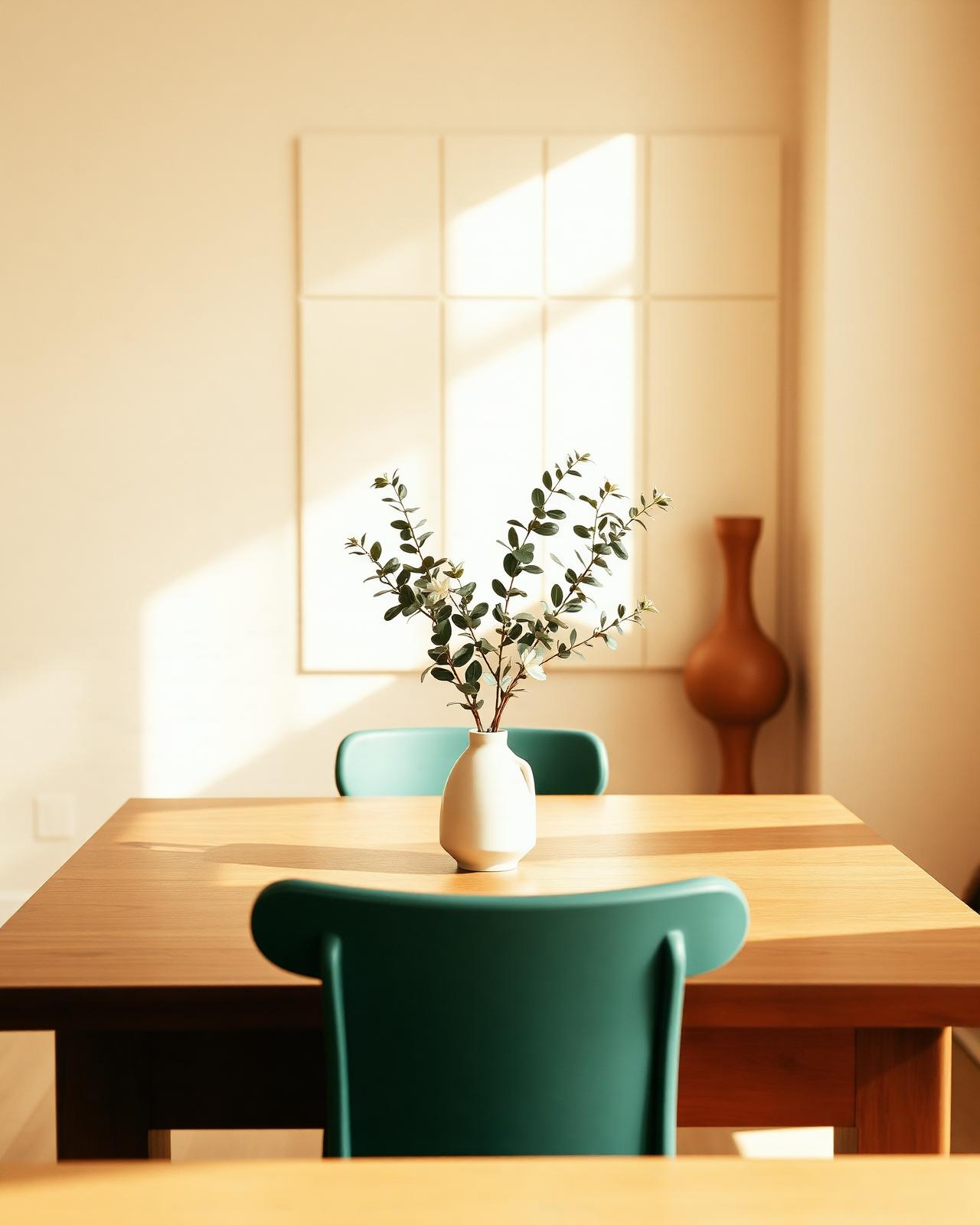 A calm, sunlit dining room with eucalyptus in a small ceramic vase